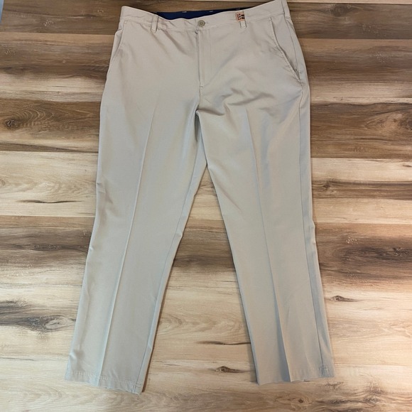 IZOD Golf Pants Mens 38x30 Beige Flat Front Performance Tech Khaki - Picture 1 of 9